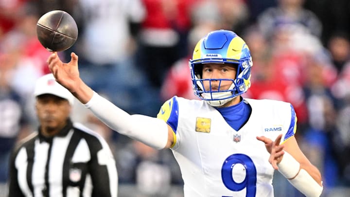 Nov 17, 2024; Foxborough, Massachusetts, USA; Los Angeles Rams quarterback Matthew Stafford (9) throws the ball against the New England Patriots during the second half at Gillette Stadium. Mandatory Credit: Brian Fluharty-Imagn Images Nov 17, 2024; Foxborough, Massachusetts, USA; Los Angeles Rams quarterback Matthew Stafford (9) throws the ball against the New England Patriots during the second half at Gillette Stadium. Mandatory Credit: Brian Fluharty-Imagn Images