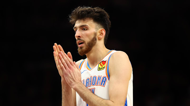 Apr 9, 2025; Phoenix, Arizona, USA; Oklahoma City Thunder forward Chet Holmgren (7) reacts against the Phoenix Suns during the first half at Footprint Center. Mandatory Credit: Mark J. Rebilas-Imagn Images