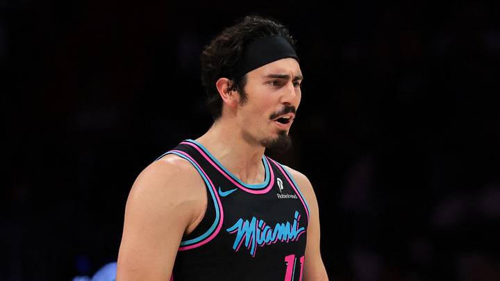 Miami Heat forward Jaime Jaquez Jr. (11) reacts after scoring against the Philadelphia 76ers during the fourth quarter at Kaseya Center on March 30, 2026.