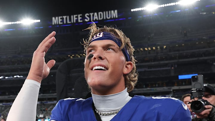 Oct 9, 2025; East Rutherford, New Jersey, USA; New York Giants quarterback Jaxson Dart (6) celebrates after defeating the Philadelphia Eagles at MetLife Stadium. Mandatory Credit: Vincent Carchietta-Imagn Images