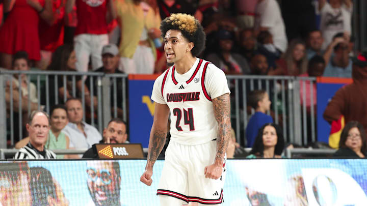 Nov 28, 2024; Paradise Island, Bahamas, BHS; Louisville Cardinals guard Chucky Hepburn (24) reacts during the second half against the West Virginia Mountaineers at Imperial Arena at the Atlantis resort. Nov 28, 2024; Paradise Island, Bahamas, BHS; Louisville Cardinals guard Chucky Hepburn (24) reacts during the second half against the West Virginia Mountaineers at Imperial Arena at the Atlantis resort.