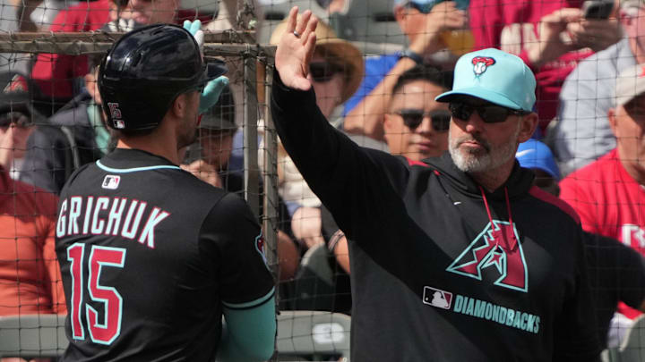 Mar 3, 2025; Salt River Pima-Maricopa, Arizona, USA; Arizona Diamondbacks outfielder Randal Grichuk (15) celebrates with manager Torey Lovullo (17) after hitting a home run against the Chicago Cubs in the second inning at Salt River Fields at Talking Stick. Mandatory Credit: Rick Scuteri-Imagn Images