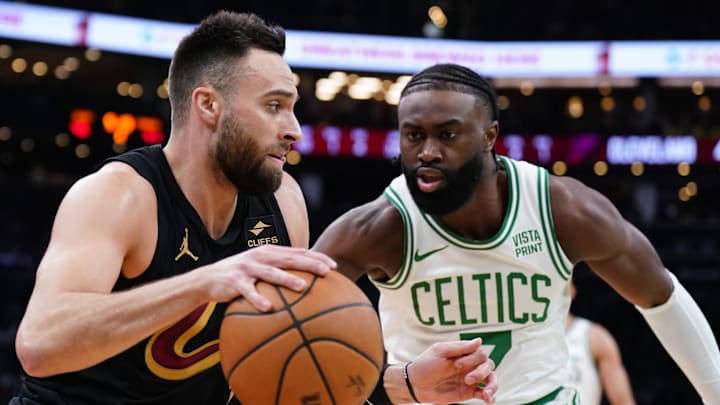 May 9, 2024; Boston, Massachusetts, USA; Cleveland Cavaliers guard Max Strus (1) drives the ball vs. Boston Celtics guard Jaylen Brown (7). May 9, 2024; Boston, Massachusetts, USA; Cleveland Cavaliers guard Max Strus (1) drives the ball vs. Boston Celtics guard Jaylen Brown (7).
