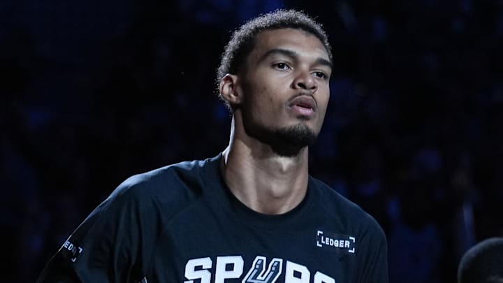 Oct 27, 2025; San Antonio, Texas, USA; San Antonio Spurs forward/center Victor Wembanyama (1) is introduced before the game against the Toronto Raptors at Frost Bank Center. Oct 27, 2025; San Antonio, Texas, USA; San Antonio Spurs forward/center Victor Wembanyama (1) is introduced before the game against the Toronto Raptors at Frost Bank Center.