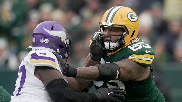 Green Bay Packers guard Aaron Banks (65) provides pass protection for quarterback Jordan Love (10) during the first quarter of their game against the Minnesota Vikings Sunday, November 23, 2025 at Lambeau Field in Green Bay, Wisconsin. Green Bay Packers guard Aaron Banks (65) provides pass protection for quarterback Jordan Love (10) during the first quarter of their game against the Minnesota Vikings Sunday, November 23, 2025 at Lambeau Field in Green Bay, Wisconsin.
