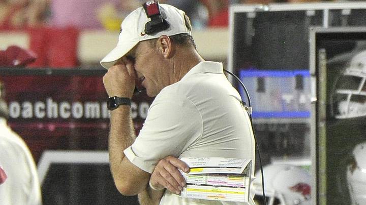 Former Arkansas Razorbacks coach Chad Morris reacts during the first half against the Mississippi Rebels at Vaught-Hemingway Stadium. Former Arkansas Razorbacks coach Chad Morris reacts during the first half against the Mississippi Rebels at Vaught-Hemingway Stadium.