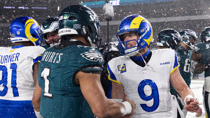 Jan 19, 2025; Philadelphia, Pennsylvania, USA; Philadelphia Eagles quarterback Jalen Hurts (1) and Los Angeles Rams quarterback Matthew Stafford (9) shake hands after a 2025 NFC divisional round game at Lincoln Financial Field. Mandatory Credit: Bill Streicher-Imagn Images Jan 19, 2025; Philadelphia, Pennsylvania, USA; Philadelphia Eagles quarterback Jalen Hurts (1) and Los Angeles Rams quarterback Matthew Stafford (9) shake hands after a 2025 NFC divisional round game at Lincoln Financial Field. Mandatory Credit: Bill Streicher-Imagn Images