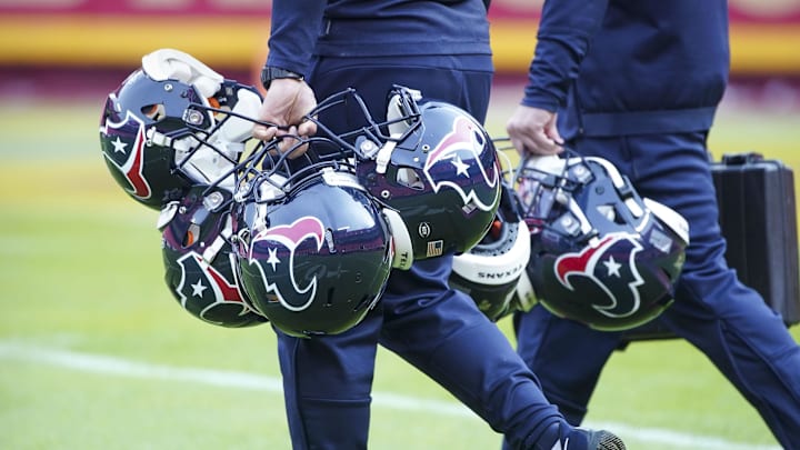 Jan 12, 2020; Kansas City, MO, USA; A view of the Houston Texans helmets before the game against the Kansas City Chiefs in a AFC Divisional Round playoff football game at Arrowhead Stadium.  Mandatory Credit: Jay Biggerstaff-Imagn Images