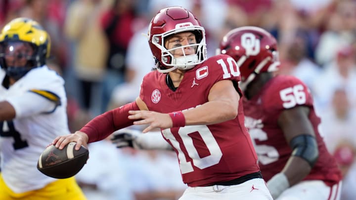 Oklahoma Sooners quarterback John Mateer (10) throws a pass during a college football game between the University of Oklahoma Sooners (OU) and the University of Michigan Wolverines at Gaylord Family Ð Oklahoma Memorial Stadium in Norman, Okla., Saturday, Sept. 6, 2025.