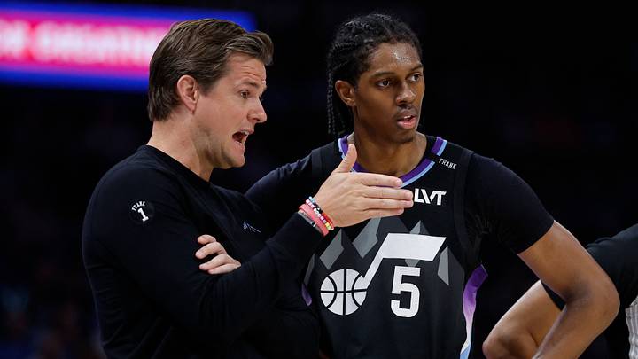 Apr 5, 2026; Oklahoma City, Oklahoma, USA; Utah Jazz head coach Will Hardy talks to forward Cody Williams (5) during the second half at Paycom Center. Mandatory Credit: Alonzo Adams-Imagn Images Apr 5, 2026; Oklahoma City, Oklahoma, USA; Utah Jazz head coach Will Hardy talks to forward Cody Williams (5) during the second half at Paycom Center. Mandatory Credit: Alonzo Adams-Imagn Images