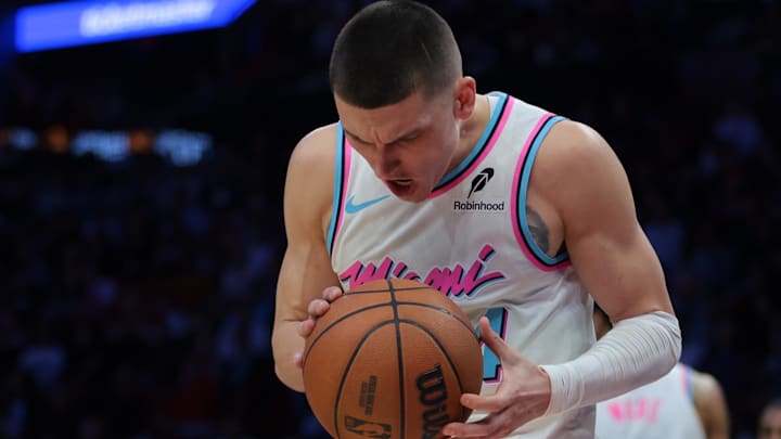 Miami Heat guard Tyler Herro (14) reacts (Mandatory Credit: Sam Navarro-Imagn Images)