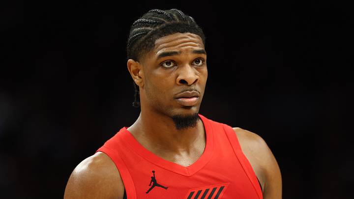 Feb 22, 2026; Phoenix, Arizona, USA; Portland Trail Blazers guard Scoot Henderson (00) against the Phoenix Suns at Mortgage Matchup Center. Mandatory Credit: Mark J. Rebilas-Imagn Images