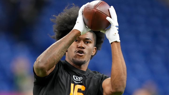 Texas A&M wideout KC Concepcion during the NFL Scouting Combine at Lucas Oil Stadium.