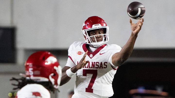 Arkansas Razorbacks quarterback KJ Jackson (7) throws a pass during the game between Arkansas Razorbacks and Vanderbilt at FirstBank Stadium in Nashville on Saturday, Oct. 17, 2026.