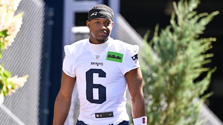 Jul 23, 2025; Foxborough, MA, USA; New England Patriots wide receiver Javon Baker (6) walks to the practice field for training camp at Gillette Stadium. Mandatory Credit: Eric Canha-Imagn Images
