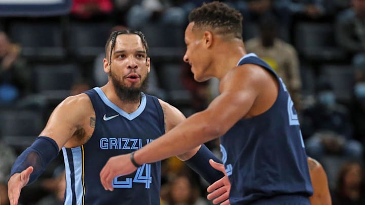 Dec 8, 2021; Memphis, Tennessee, USA; Memphis Grizzles guard Dillon Brooks (24) reacts with guard Desmond Bane (22) after a basket during the first half against the Dallas Mavericks at FedExForum. Mandatory Credit: Petre Thomas-Imagn Images
