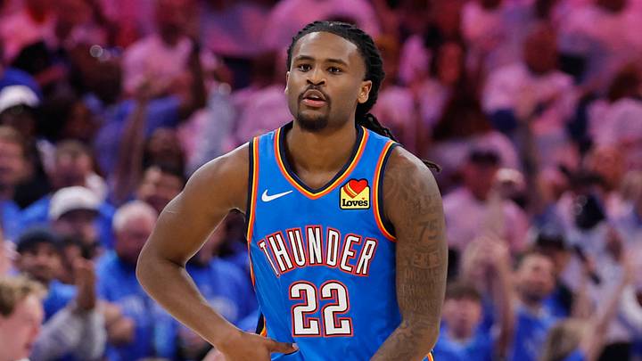 May 20, 2026; Oklahoma City, Oklahoma, USA; Oklahoma City Thunder guard Cason Wallace (22) reacts to a play during the fourth quarter against the San Antonio Spurs during game two of the western conference finals for the 2026 NBA playoffs at Paycom Center. Mandatory Credit: Alonzo Adams-Imagn Images May 20, 2026; Oklahoma City, Oklahoma, USA; Oklahoma City Thunder guard Cason Wallace (22) reacts to a play during the fourth quarter against the San Antonio Spurs during game two of the western conference finals for the 2026 NBA playoffs at Paycom Center. Mandatory Credit: Alonzo Adams-Imagn Images