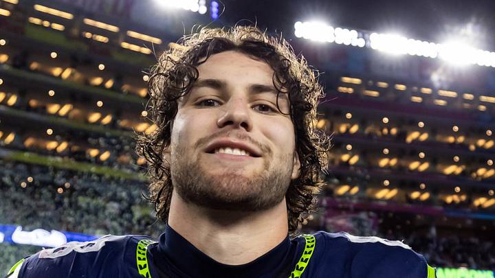 Seattle Seahawks tight end AJ Barner celebrates after defeating the New England Patriots