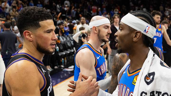 Oklahoma City Thunder MVP Shai Gilgeous-Alexander greets Phoenix Suns guard Devin Booker after advancing in a four game sweep of the first round of the 2026 NBA Playoffs at Mortgage Matchup Center. Oklahoma City Thunder MVP Shai Gilgeous-Alexander greets Phoenix Suns guard Devin Booker after advancing in a four game sweep of the first round of the 2026 NBA Playoffs at Mortgage Matchup Center.