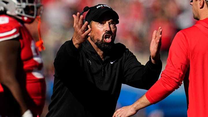 Ohio State Buckeyes head coach Ryan Day reacts to a targeting call on linebacker Arvell Reese during the second half of the NCAA football game against the Nebraska Cornhuskers at Ohio Stadium in Columbus on Saturday, Oct. 26, 2024. Ohio State won 21-17.
