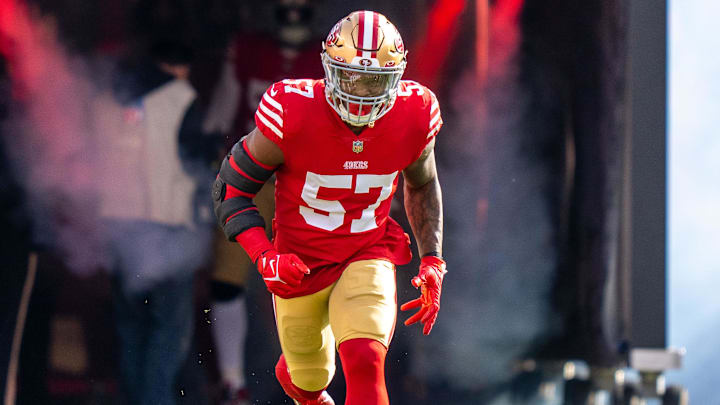 November 27, 2022; Santa Clara, California, USA; San Francisco 49ers linebacker Dre Greenlaw (57) before the game against the New Orleans Saints at Levi's Stadium. November 27, 2022; Santa Clara, California, USA; San Francisco 49ers linebacker Dre Greenlaw (57) before the game against the New Orleans Saints at Levi's Stadium.