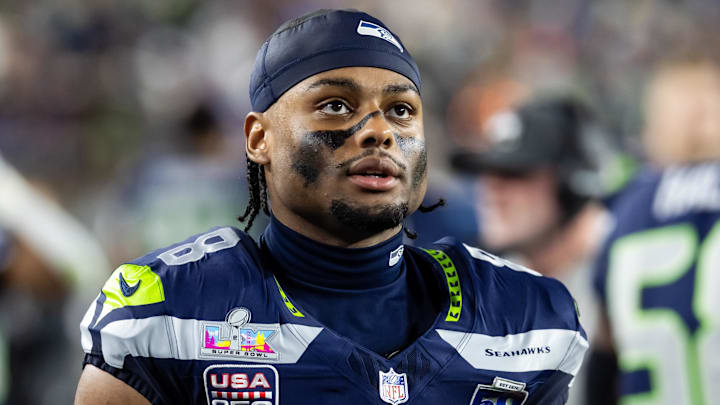 Feb 8, 2026; Santa Clara, CA, USA; Seattle Seahawks safety Coby Bryant (8) against the New England Patriots during Super Bowl LX at Levi's Stadium. Mandatory Credit: Mark J. Rebilas-Imagn Images