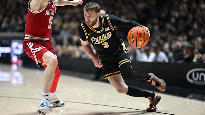 Purdue Boilermakers guard Braden Smith (3) drives against Indiana Hoosiers guard Conor Enright (5).