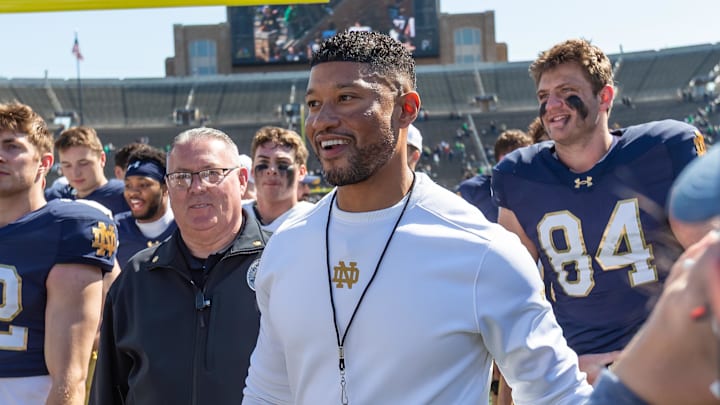 Apr 12, 2025; Notre Dame, IN, USA; Notre Dame Fighting Irish head coach Marcus Freeman smiles as he walks off the field after the Blue-Gold game at Notre Dame Stadium. 