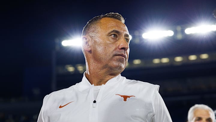 Texas Longhorns head coach Steve Sarkisian is interviewed by the media after the game against the Kentucky Wildcats at Kroger Field. Mandatory Credit: Jordan Prather-Imagn Images