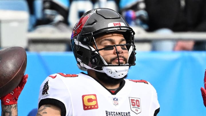 Dec 21, 2025; Charlotte, North Carolina, USA; Tampa Bay Buccaneers wide receiver Mike Evans (13) reacts after a touchdown during the first half against the Carolina Panthers at Bank of America Stadium. Mandatory Credit: Bob Donnan-Imagn Images