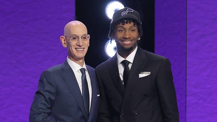 Jun 23, 2026; New York, NY, USA; NBA commissioner Adam Silver greets the second pick in the 2026 NBA draft, Kansas guard Darryn Peterson after he was selected by the Utah Jazz at Barclays Center. Mandatory Credit: Brad Penner-Imagn Images