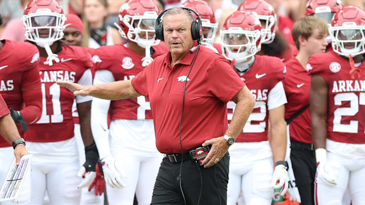 Aug 30, 2025; Fayetteville, Arkansas, USA; Arkansas Razorbacks head coach Sam Pittman during the second quarter against the Alabama A&M Bulldogs at Donald W. Reynolds Razorback Stadium. Mandatory Credit: Nelson Chenault-Imagn Images