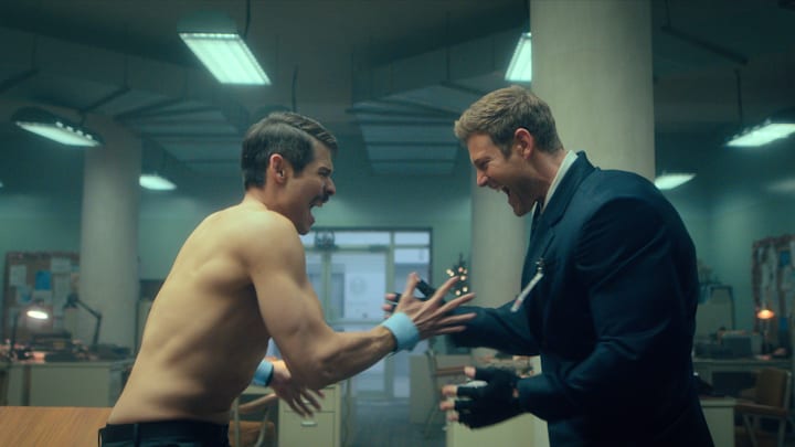 The Umbrella Academy. (L to R) David Castañeda as Diego Hargreeves, Tom Hopper as Luther Hargreeves in episode 405 of The Umbrella Academy. Cr. Courtesy of Netflix © 2024