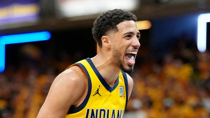 Jun 13, 2025; Indianapolis, Indiana, USA; Indiana Pacers guard Tyrese Haliburton (0) reacts after a play against the Oklahoma City Thunder during the second half during game four of the 2025 NBA Finals at Gainbridge Fieldhouse. Mandatory Credit: Kyle Terada-Imagn Images