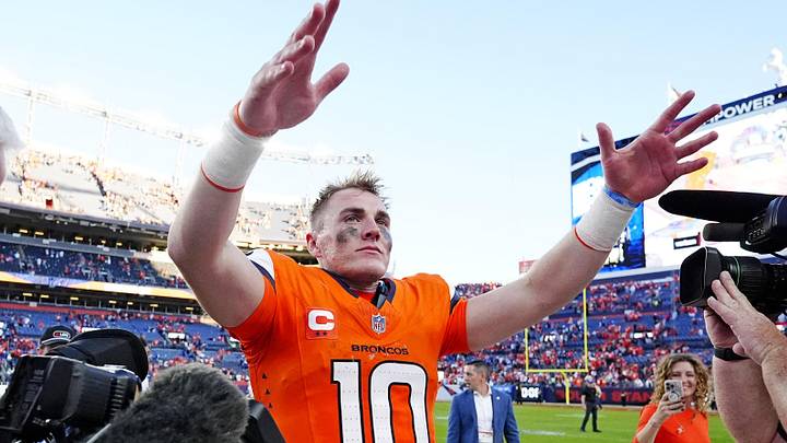 Oct 19, 2025; Denver, Colorado, USA; Denver Broncos quarterback Bo Nix (10) celebrates after the win against the New York Giants at Empower Field at Mile High. Mandatory Credit: Ron Chenoy-Imagn Images Oct 19, 2025; Denver, Colorado, USA; Denver Broncos quarterback Bo Nix (10) celebrates after the win against the New York Giants at Empower Field at Mile High. Mandatory Credit: Ron Chenoy-Imagn Images