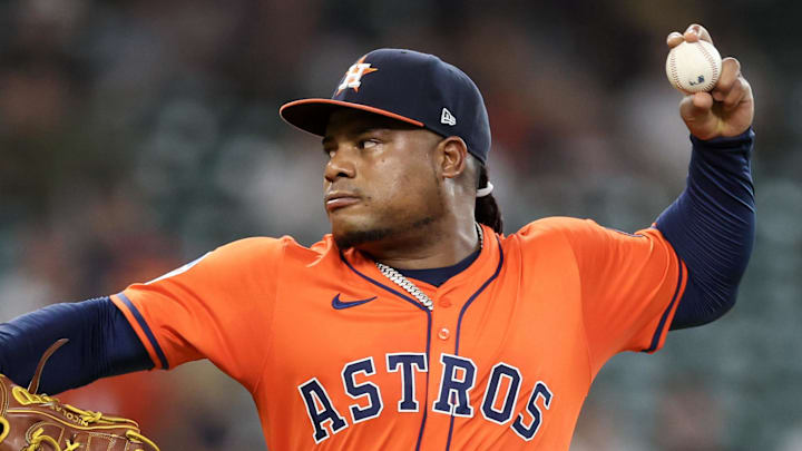 May 13, 2025; Houston, Texas, USA; Houston Astros starting pitcher Framber Valdez (59) pitches against the Kansas City Royals in the first inning at Daikin Park. Mandatory Credit: Thomas Shea-Imagn Images