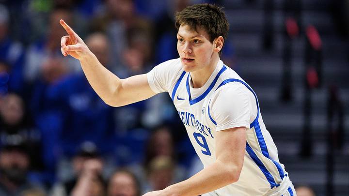Dec 9, 2025; Lexington, Kentucky, USA; Kentucky Wildcats forward Trent Noah (9) reacts after making a three point basket during the first half against the North Carolina Central Eagles at Rupp Arena at Central Bank Center. Mandatory Credit: Jordan Prather-Imagn Images Dec 9, 2025; Lexington, Kentucky, USA; Kentucky Wildcats forward Trent Noah (9) reacts after making a three point basket during the first half against the North Carolina Central Eagles at Rupp Arena at Central Bank Center. Mandatory Credit: Jordan Prather-Imagn Images