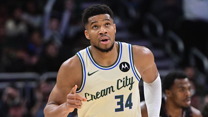 Nov 29, 2025; Milwaukee, Wisconsin, USA; Milwaukee Bucks forward Giannis Antetokounmpo (34) reacts after scoring his 21,000th career point in the third quarter against the Brooklyn Nets at Fiserv Forum. Mandatory Credit: Benny Sieu-Imagn Images