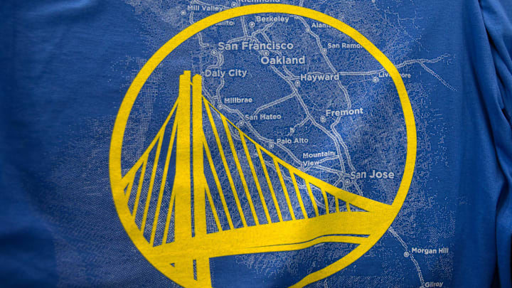 Oct 30, 2013; Oakland, CA, USA; T-shirts depicting a map of the bay area and the new bay bridge Golden State Warriors logo at Oracle Arena before the game between the Golden State Warriors and the Los Angeles Lakers. Mandatory Credit: Kelley L Cox-Imagn Images
