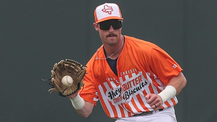 Hooks center fielder Jacob Melton fields a ground ball during Education Day at Whataburger Field, Wednesday, May 8, 2024, in Corpus Christi, Texas