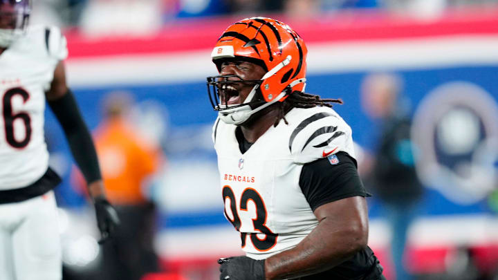 Cincinnati Bengals defensive tackle McKinnley Jackson (93) celebrates after the New York Giants missed their first of two second half field goals, Sunday, October 13, 2024, in East Rutherford.
