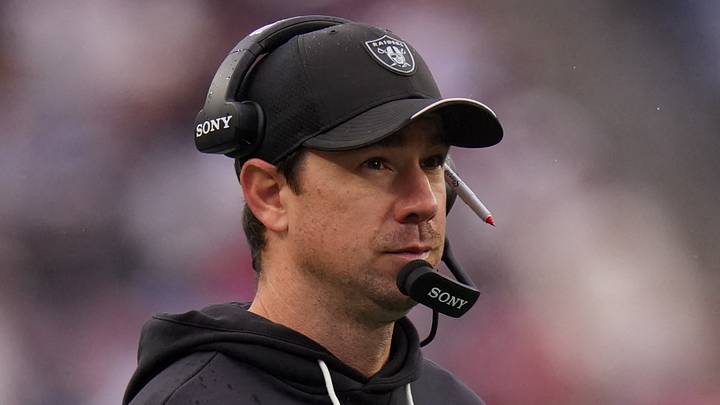 Oct 11, 2026; Foxborough, Massachusetts, USA; Las Vegas Raiders head coach Klint Kubiak watches from the sideline as they take on the New England Patriots at Gillette Stadium. Mandatory Credit: David Butler II-Imagn Images
