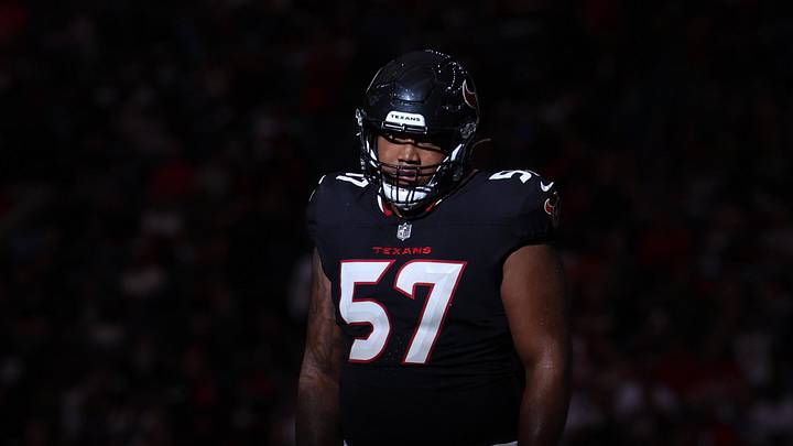 Nov 9, 2025; Houston, Texas, USA; Houston Texans offensive tackle Blake Fisher (57) against the Jacksonville Jaguars in the fourth quarter at NRG Stadium. Mandatory Credit: Thomas Shea-Imagn Images