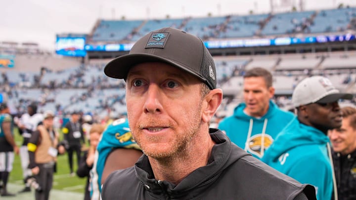 Jacksonville Jaguars head coach Liam Coen exits the field after the game at EverBank Stadium, Sunday, Jan. 4, 2026, in Jacksonville, Fla. The Jaguars defeated the Titans 41-7 [Doug Engle/Florida Times-Union]