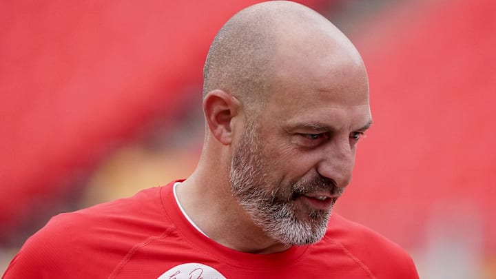 Oct 12, 2023; Kansas City, Missouri, USA; Kansas City Chiefs offensive coordinator Matt Nagy on field against the Denver Broncos prior to a game at GEHA Field at Arrowhead Stadium. Mandatory Credit: Denny Medley-Imagn Images