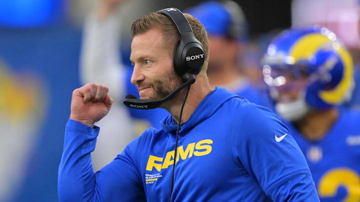 Jan 4, 2026; Inglewood, California, USA;  Los Angeles Rams head coach Sean McVay reacts after a touchdown against the Arizona Cardinals during the second half at SoFi Stadium. Mandatory Credit: Jayne Kamin-Oncea-Imagn Images