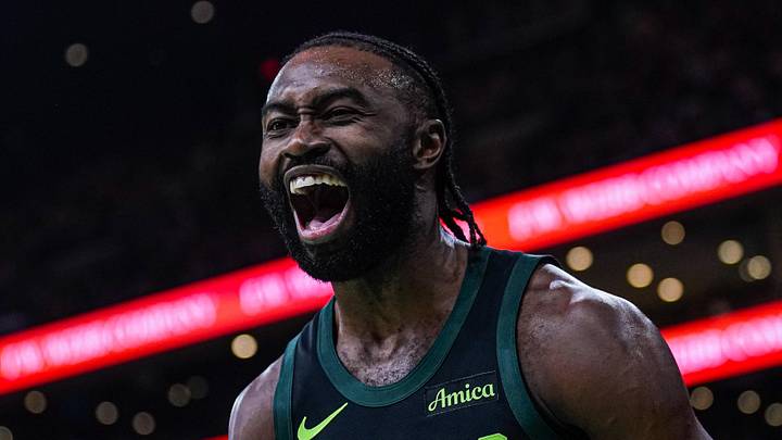 Boston Celtics guard Jaylen Brown (7) reacts after making the basket and being fouled by LA Clippers guard Kris Dunn (8) (not pictured) in the second quarter at TD Garden on November 25, 2024.
