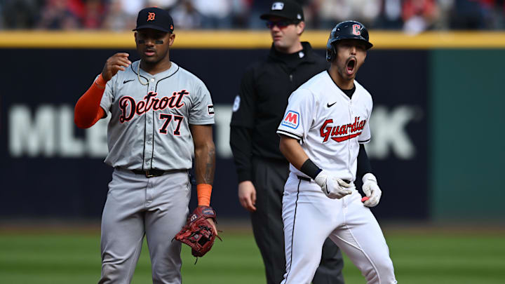 Oct 12, 2024; Cleveland, Ohio, USA; Cleveland Guardians outfielder Steven Kwan (38) celebrates a double in the third inning against the Detroit Tigers during game five of the ALDS for the 2024 MLB Playoffs at Progressive Field. Mandatory Credit: Ken Blaze-Imagn Images