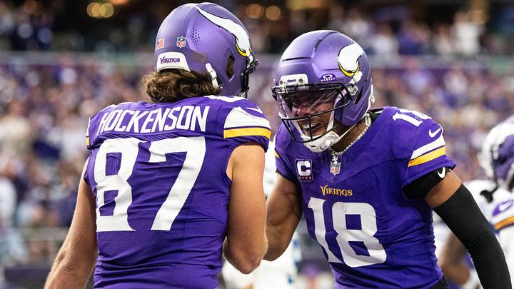 Minnesota Vikings TE T.J. Hockenson (L) and WR Justin Jefferson (R) Minnesota Vikings TE T.J. Hockenson (L) and WR Justin Jefferson (R)