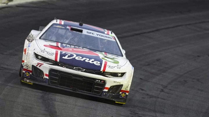 May 25, 2025; Concord, North Carolina, USA; NASCAR Cup Series driver Carson Hocevar (77) during the Coca Cola 600 at Charlotte Motor Speedway.